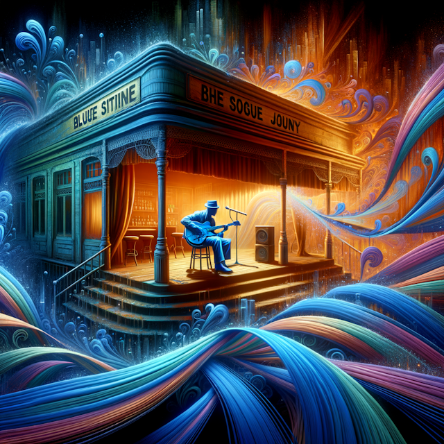 A blues album cover visualizing a vintage juke joint positioned at the intersection of reality and fantasy. This vibrant music venue pulsates with soulful rhythm as the blues musician who is performing, metamorphoses his guitar strings into ethereal ribbons. These mesmerizing ribbons quiver and flutter as they intricately weave in and out of the tangible fabric of time, symbolizing the powerful influence of blues music throughout different eras.