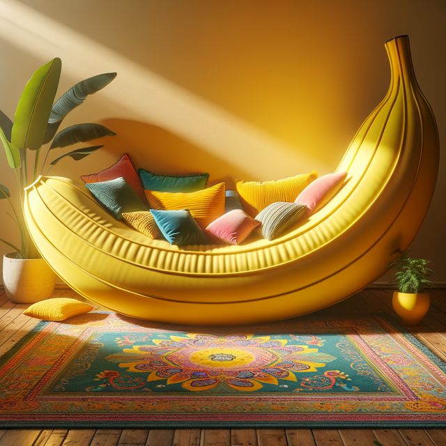 A vibrant yellow banana-shaped couch sits in a cozy living room, its curve cradling a pile of colorful cushions. on the wooden floor, a patterned rug adds a touch of eclectic charm, and a potted plant sits in the corner, reaching towards the sunlight filtering through the window.