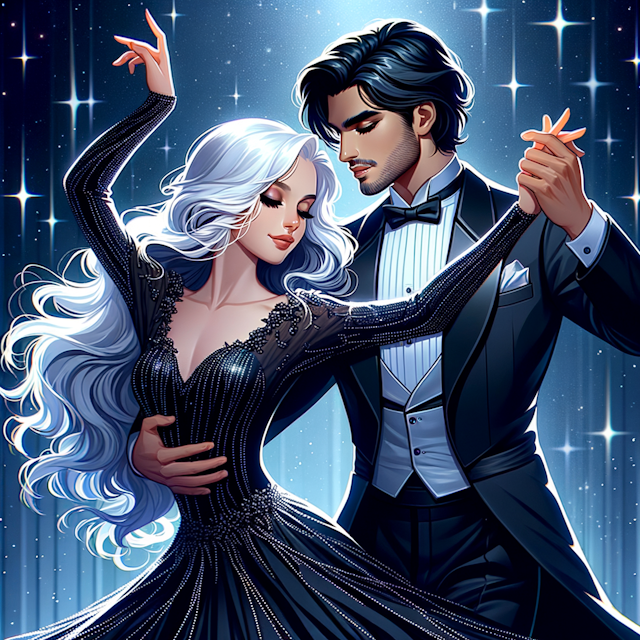 Disney poster on which a girl with long white hair in a black shiny dress dances a waltz with a dark-haired guy in a black suit against a night sky