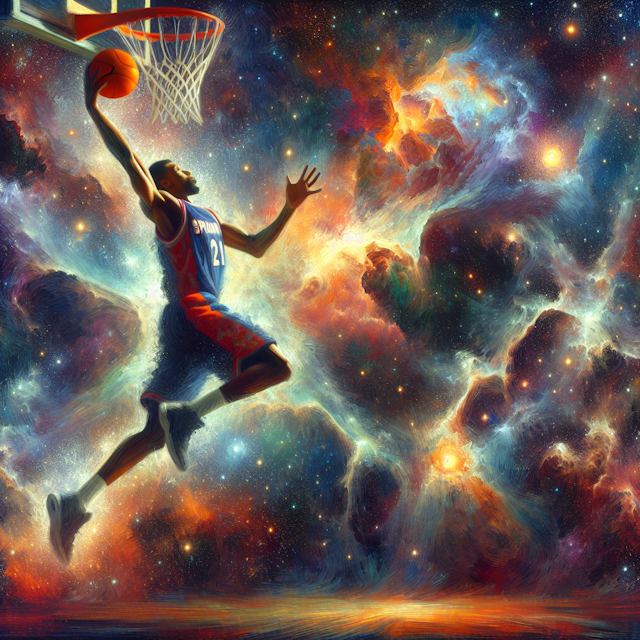 An expressive oil painting of a basketball player dunking, depicted as an explosion of a nebula