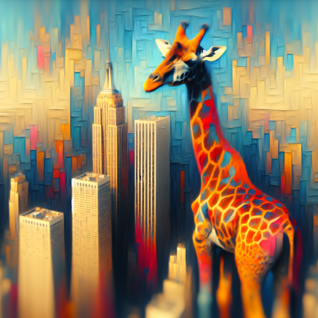 a surrealist scene of a giraffe standing on top of a skyscraper, in the style of abstract painting, using bold brushstrokes and vibrant colors, giraffe posing regally, captured with a tilt-shift lens to create a miniature effect, surrealism