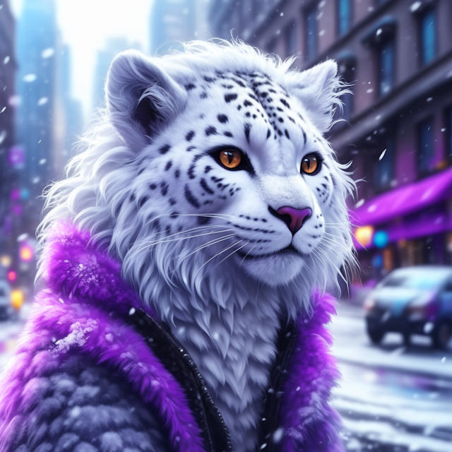 a female snow leopard, anthropomorphic, furry, violet eyes, long hair, white hair, made of living goo, melting, liquid, in a city, Art numérique