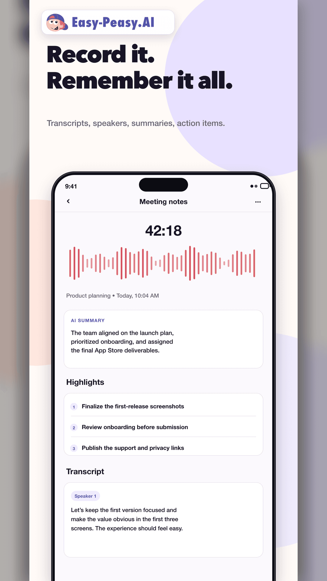 Meeting transcription and action items in the Easy-Peasy.AI app
