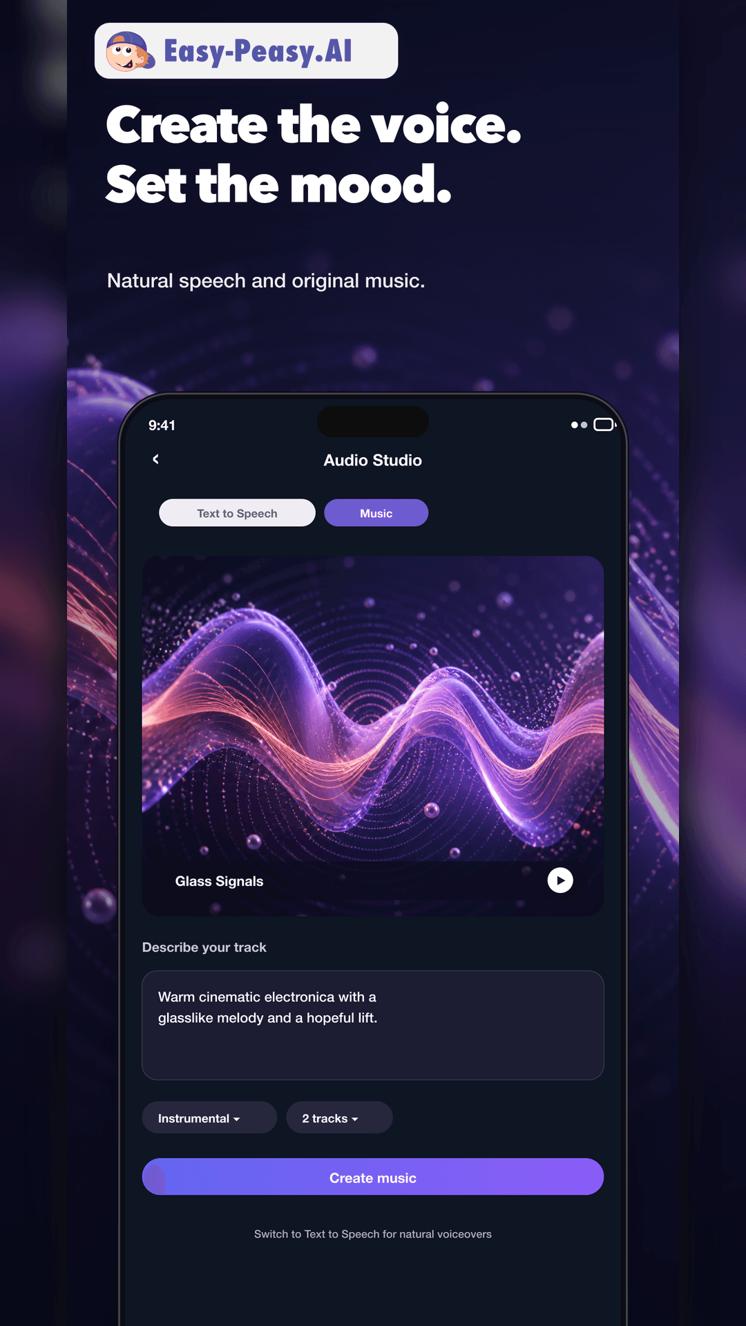 AI voice and music creation in the Easy-Peasy.AI app