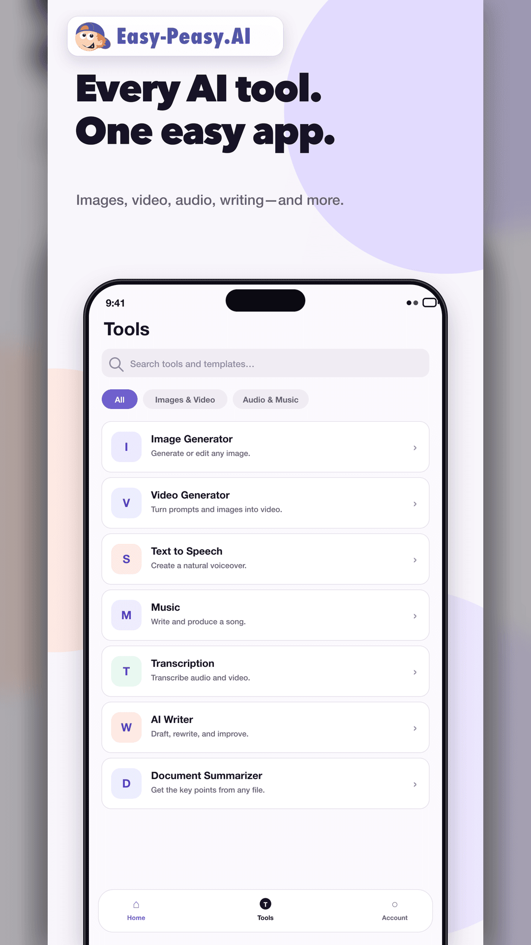 The AI tools catalogue in the Easy-Peasy.AI app
