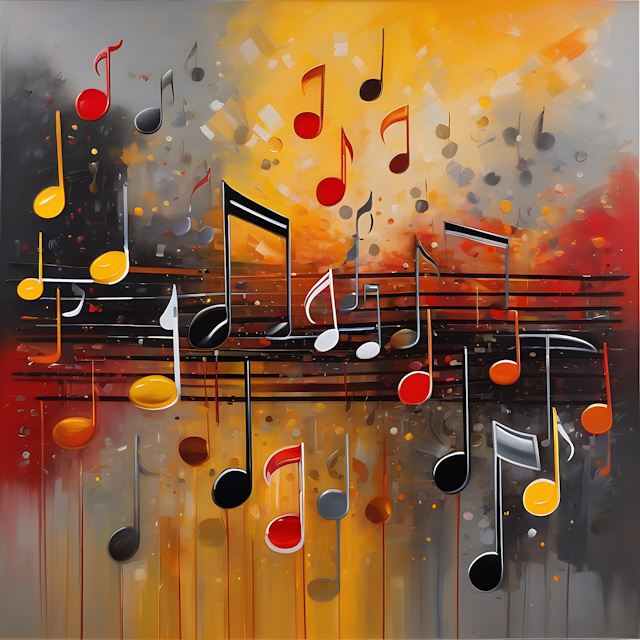 A painting of musical notes floating abstractly. The painting has a transparent and translucent glow to it. The main colour of the background is yellow, orange and red. The notes are black and grey and lined up like a music sheet, Oil painting
