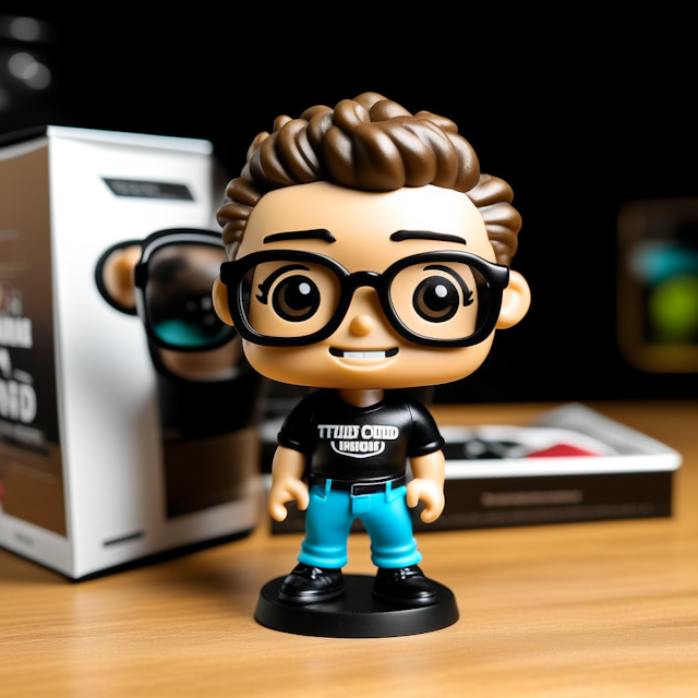 Create a Funko figure of a white-skinned man, with a happy expression in his eyes, wearing black round glasses, named Diego Takai. He is wearing a black t-shirt and light blue jeans, and black Vans. His hair is shaved underneath, but curly on top and is brown. The Funko is displayed inside and outside a limited edition black and white Funko box, with Digital Diego Takai text, allowing visibility of the figure, typography, and 3D rendering, dark blue background.