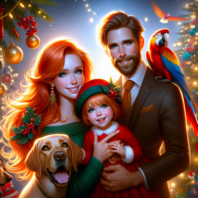 Family portrait in a whimsical Disney Pixar style, with a Christmas theme. Show your mom with flowing ginger hair, dad with a short brown beard, and a playful toddler with short blonde hair. Include your Labrador and Gold Macaw, all enjoying the festive atmosphere. Painted with vibrant colors and soft lighting, capturing the joy and warmth of the holiday season. Canon EOS 5D Mark IV, studio portrait, with a touch of magical realism.