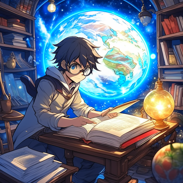 Anime style detailed illustration of Ditoiu, the physics teacher exploring an isekai world and discovering his physics magic.