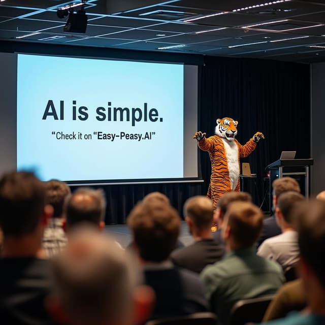 Powerpoint presentation, the slide title says “AI is simple, “Check it on Easy-Peasy.AI”, presenter is in a tiger suit, big audience