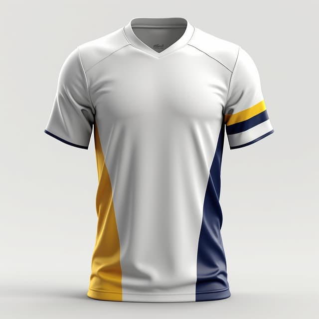 A modern soccer jersey design with bold geometric patterns in blue and white, featuring a stylized lion emblem on the chest