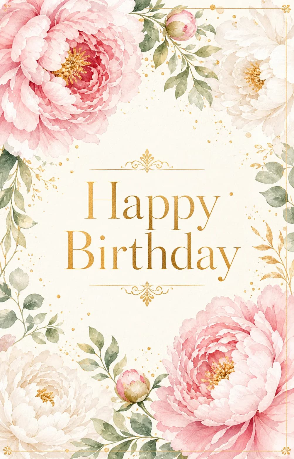 Elegant floral Happy Birthday card with watercolor peonies