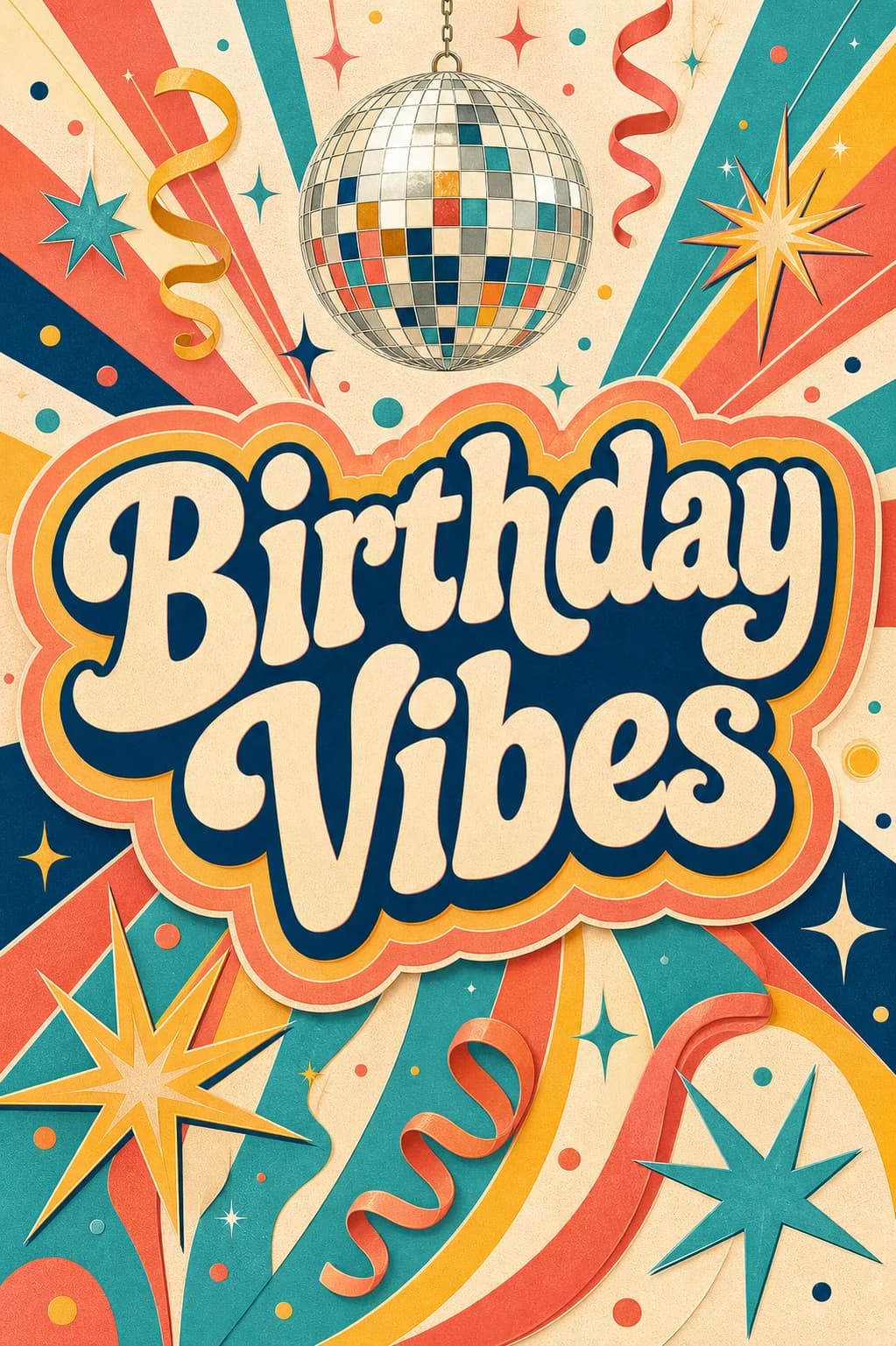 Retro Birthday Vibes card with disco ball and streamers