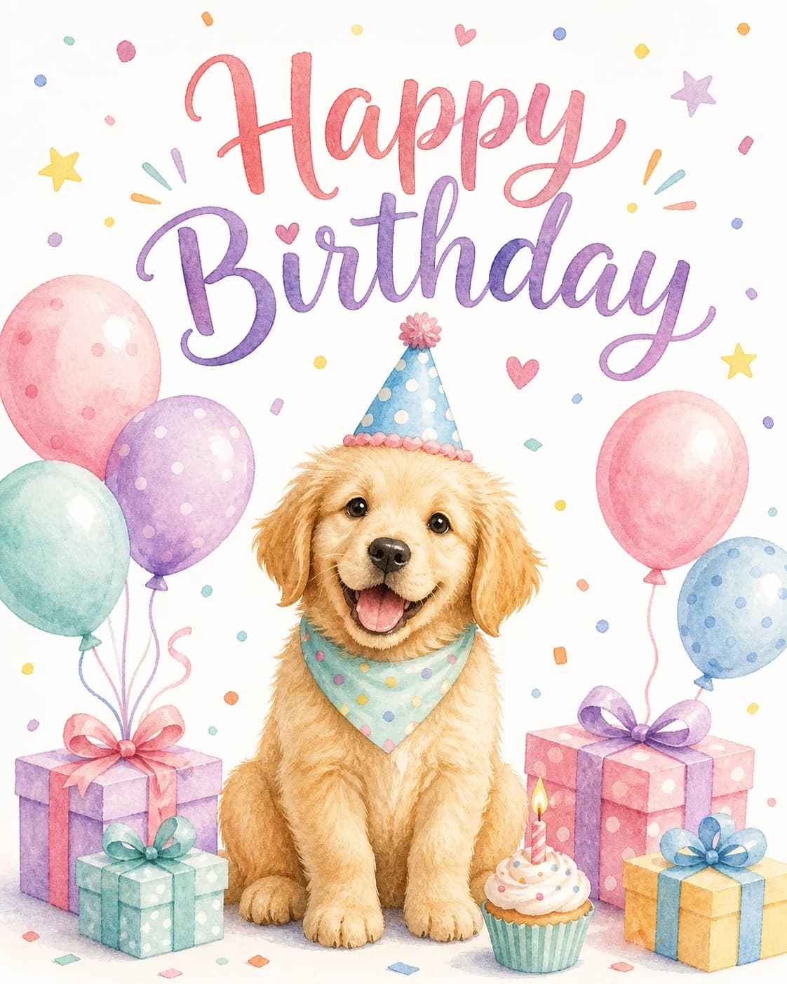 Watercolor puppy Happy Birthday card with pastel balloons