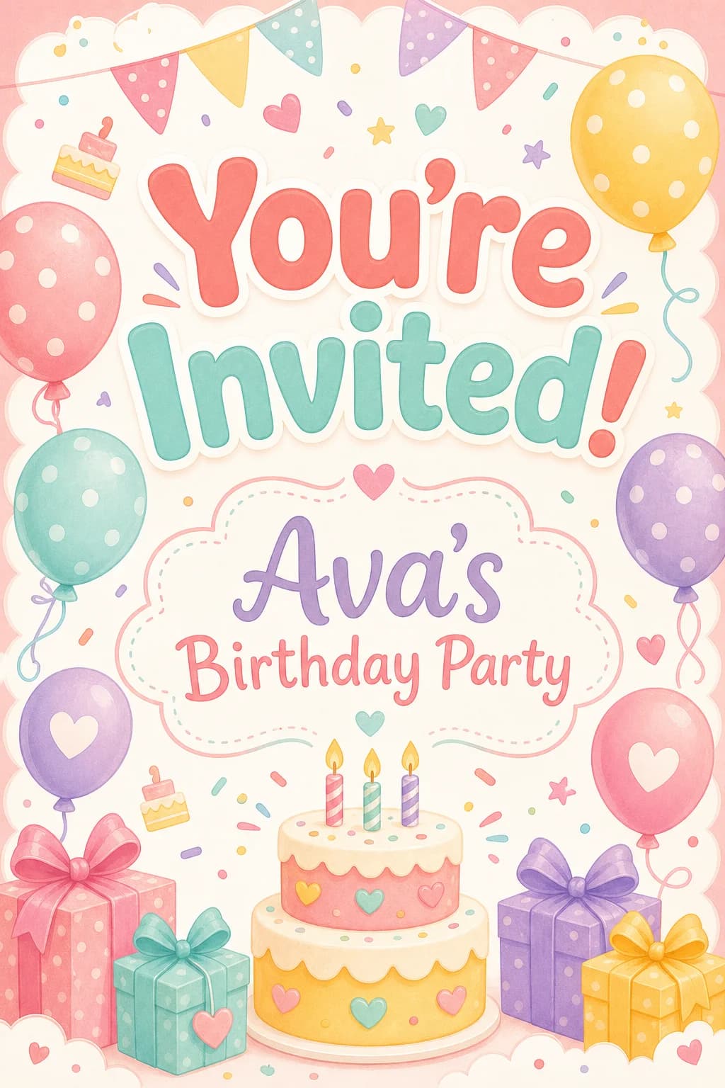 Cute birthday invitation with pastel balloons and gifts
