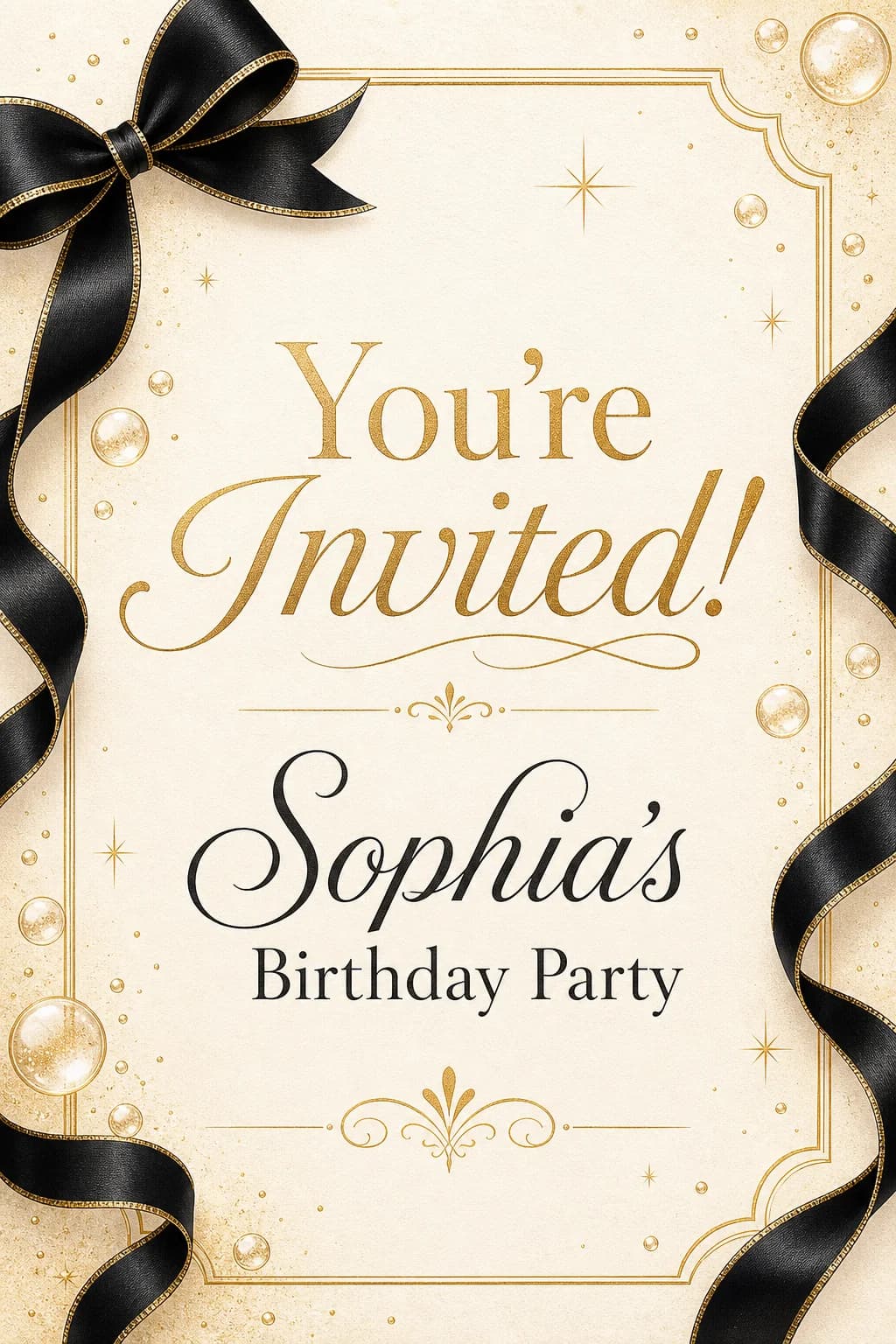 Elegant birthday invitation with black ribbon and gold accents