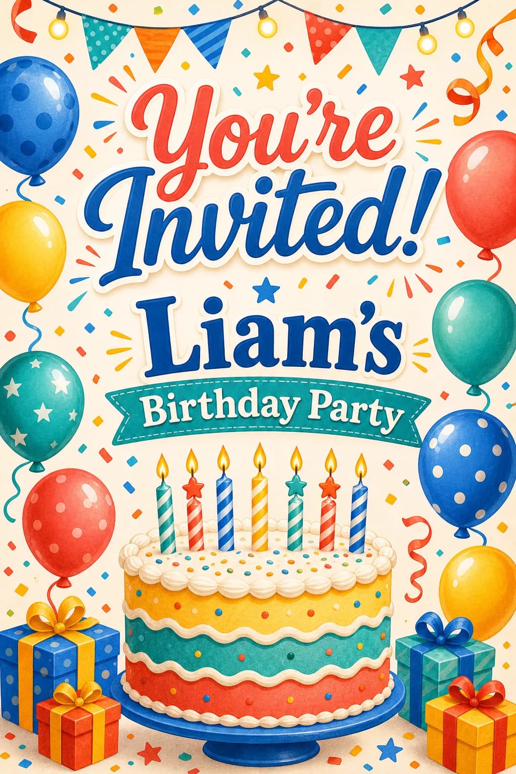 Festive birthday invitation with cake, balloons and confetti