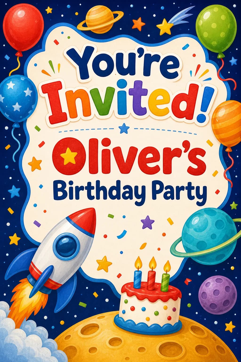 Kids birthday invitation with a rocket and space party theme