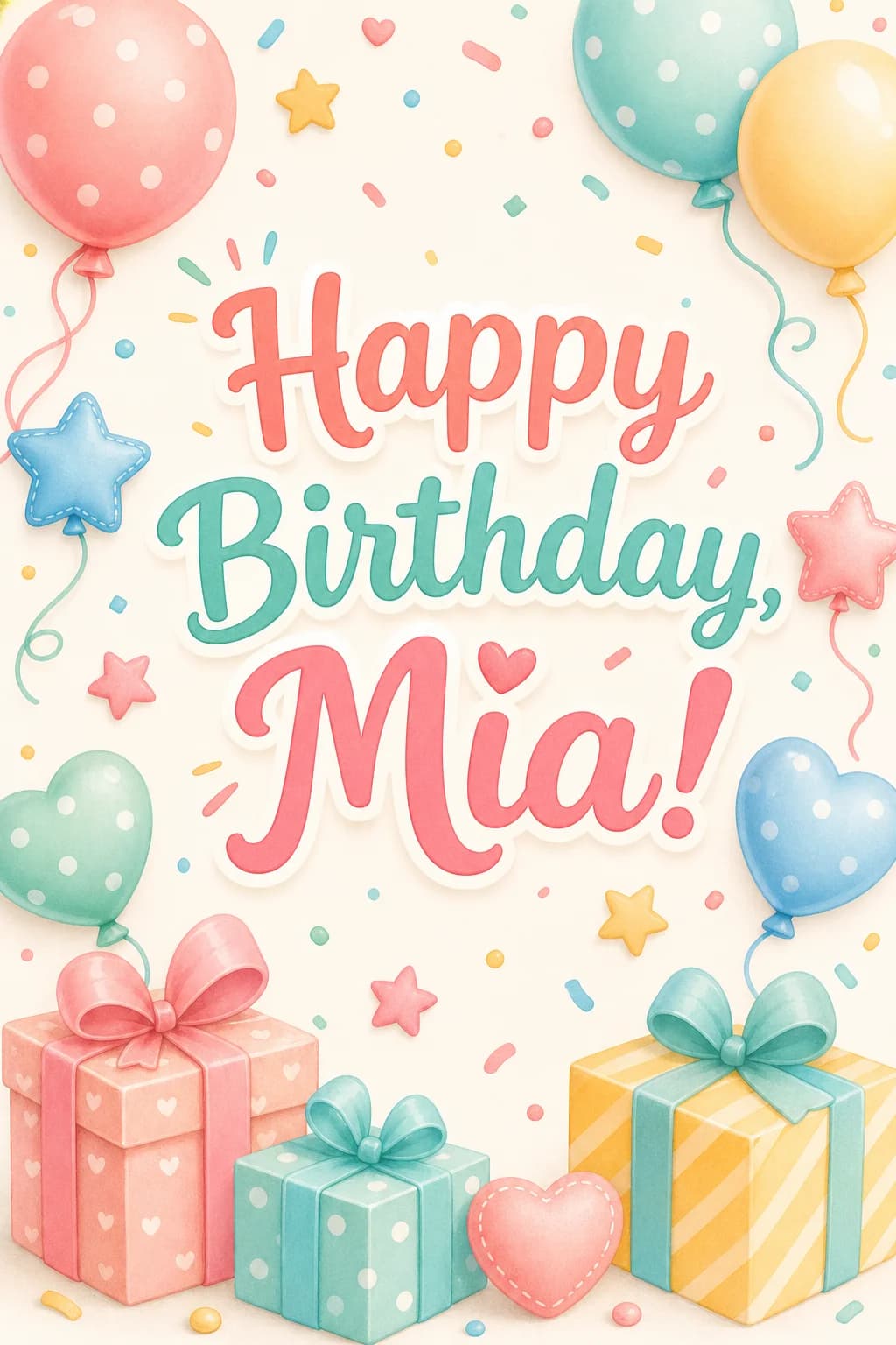 Cute Happy Birthday greeting card with balloons and gifts