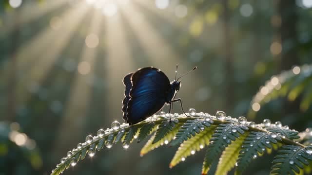 A blue butterfly on a fern with dew drops in warm sunlight