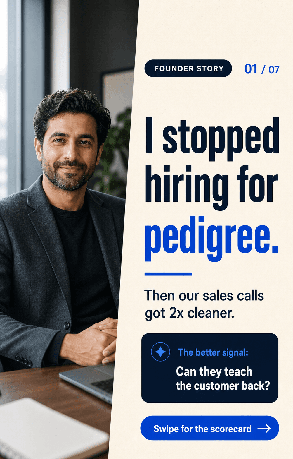 LinkedIn carousel slide with a realistic founder photo and editorial hook