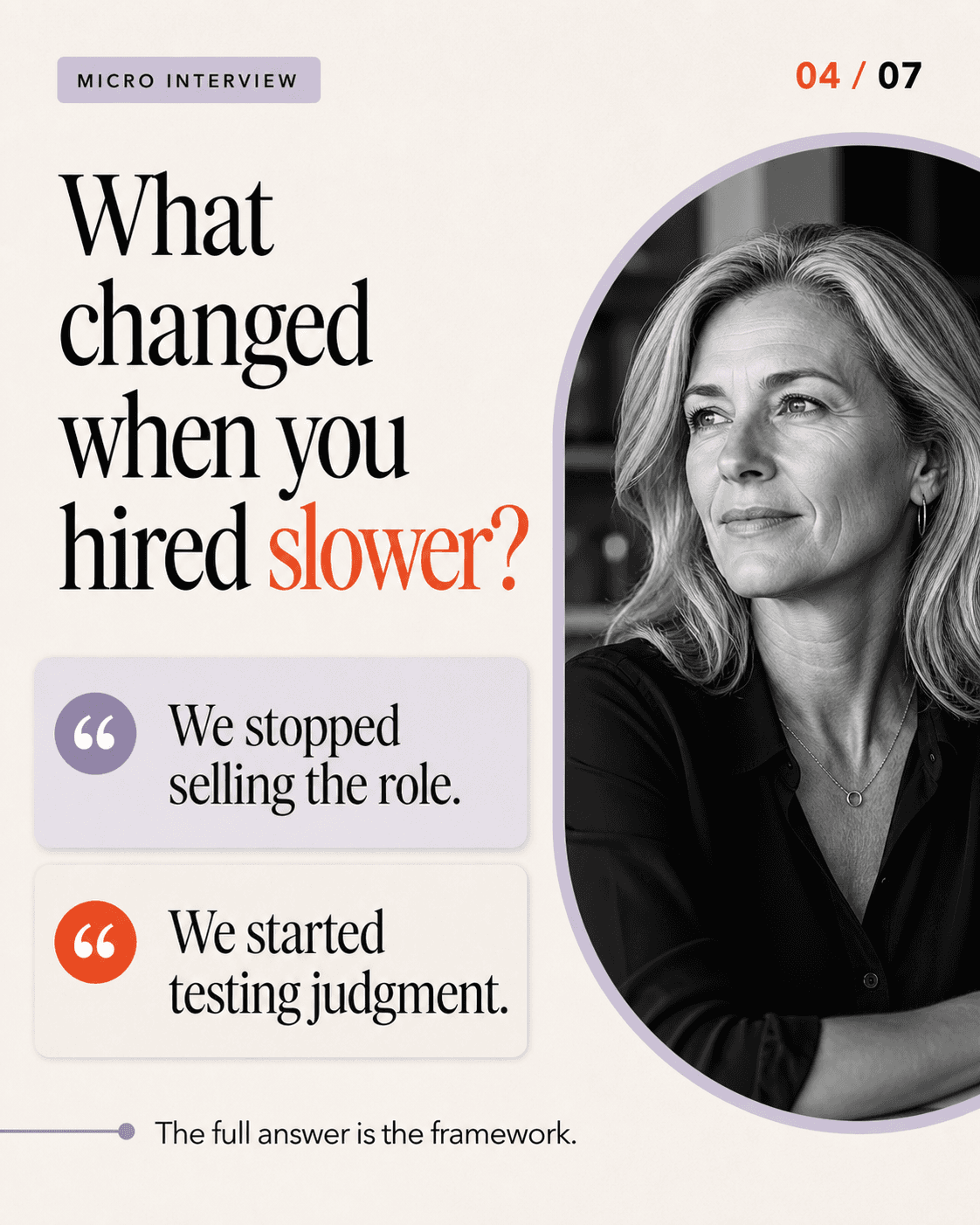 LinkedIn carousel micro-interview slide with an editorial portrait
