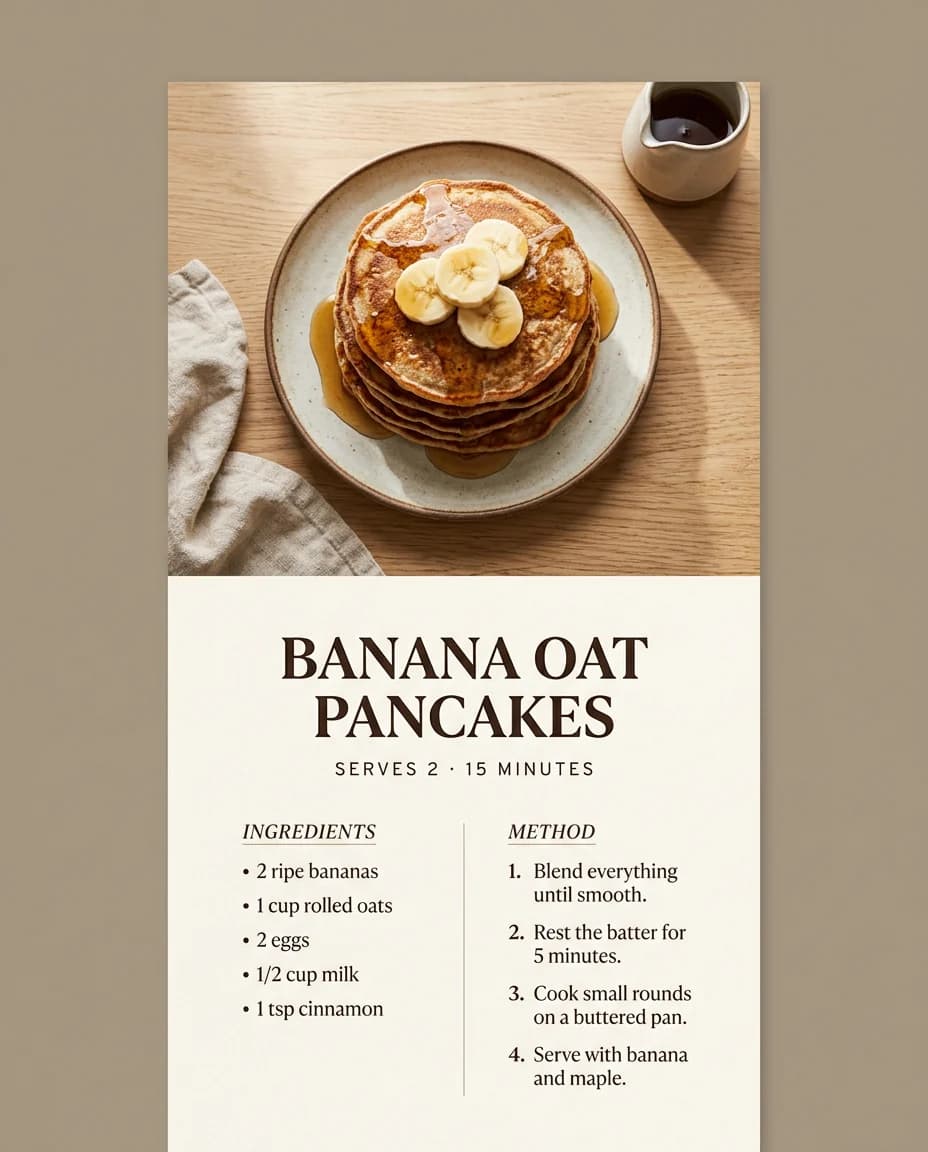 Thẻ công thức bánh pancake chuối yến mạch với danh sách nguyên liệu và các bước được đánh số, được tạo bằng Nano Banana 2.1
