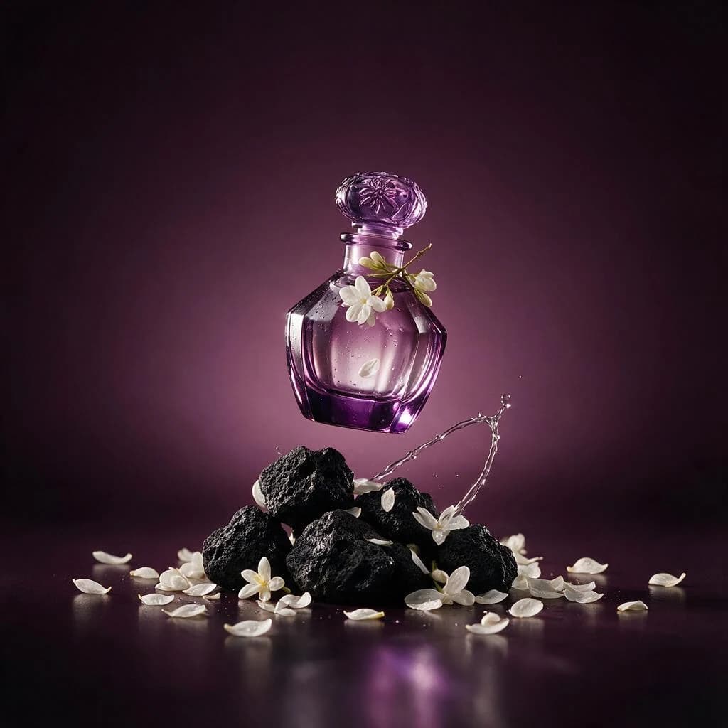 Controlled glass, liquid, stone, and flower details composed like a finished fragrance campaign.