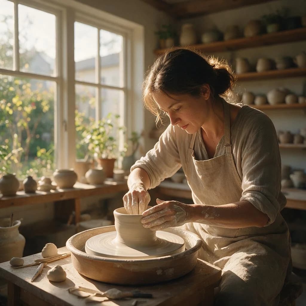 Seedream 5.0 Pro editorial photograph of a ceramic artist working in warm window light