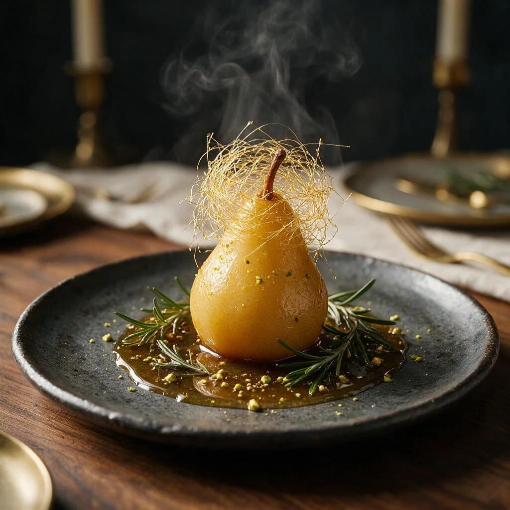 A fine-dining pear dessert with convincing steam, spun sugar, glaze, and dramatic side light.