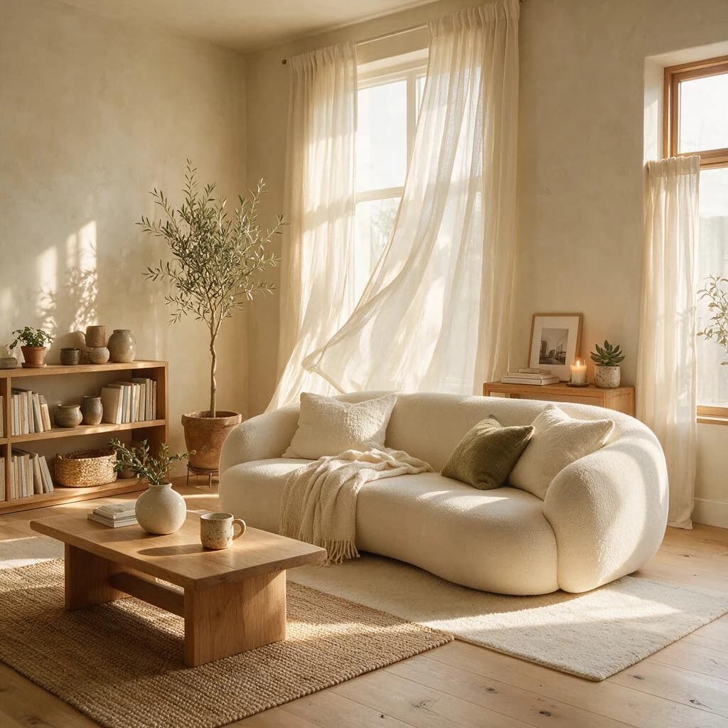 Soft architectural light, tactile materials, and balanced styling in a warm Japandi living room.