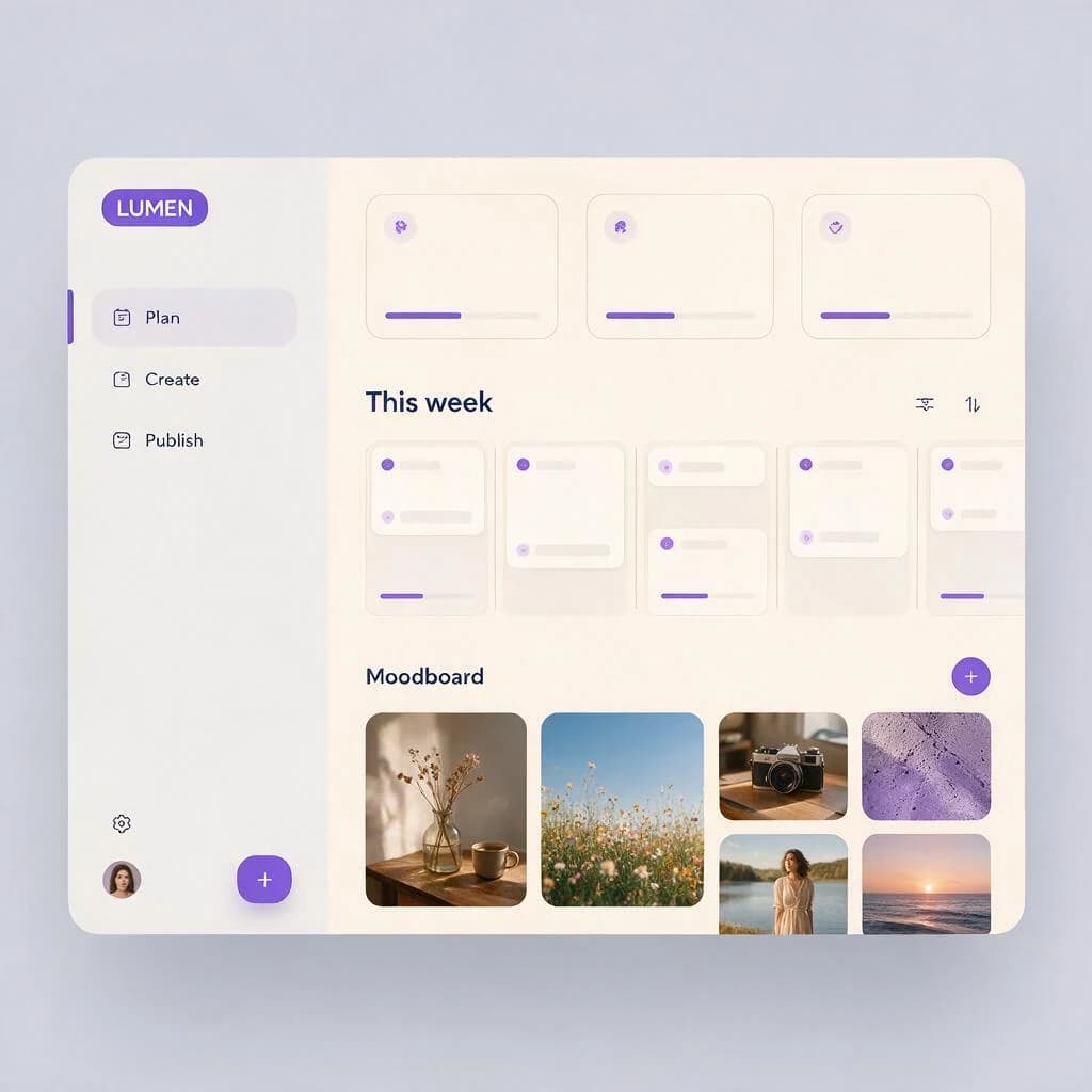 A calm creative-planning workspace with a coherent grid and concise English navigation.