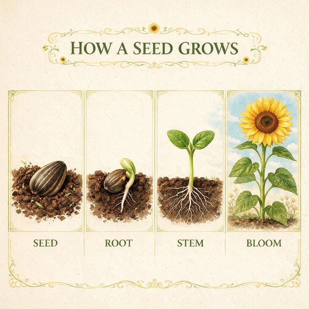 A complete four-stage botanical explainer with accurate, readable English labels.