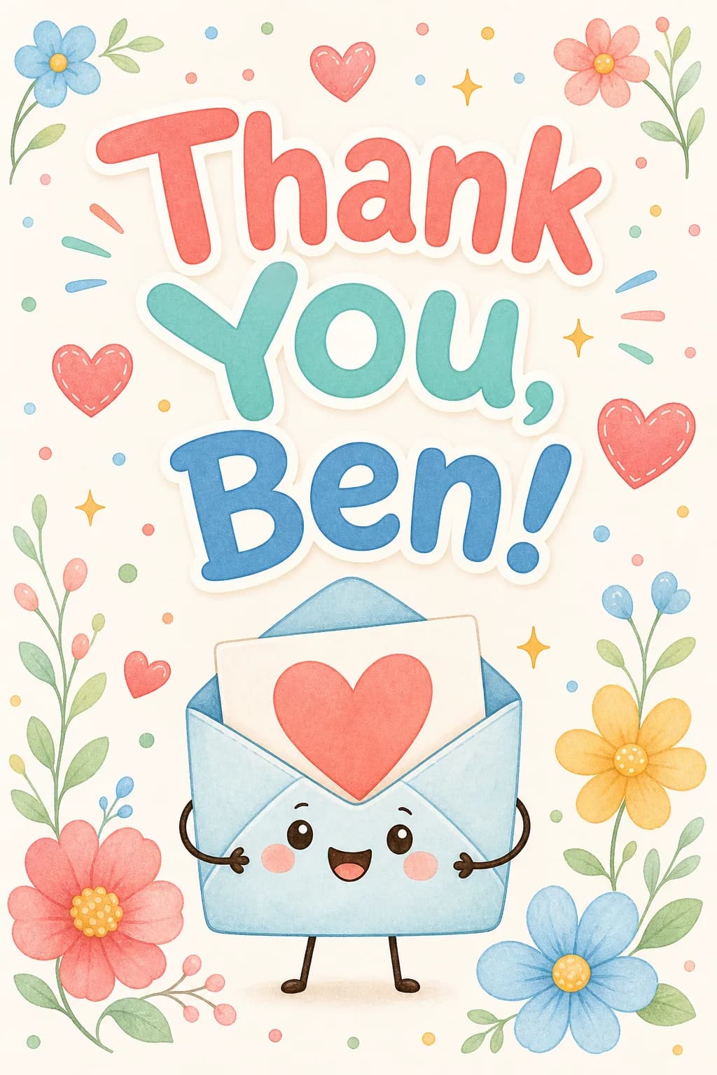 Cute Thank You card with a smiling envelope illustration