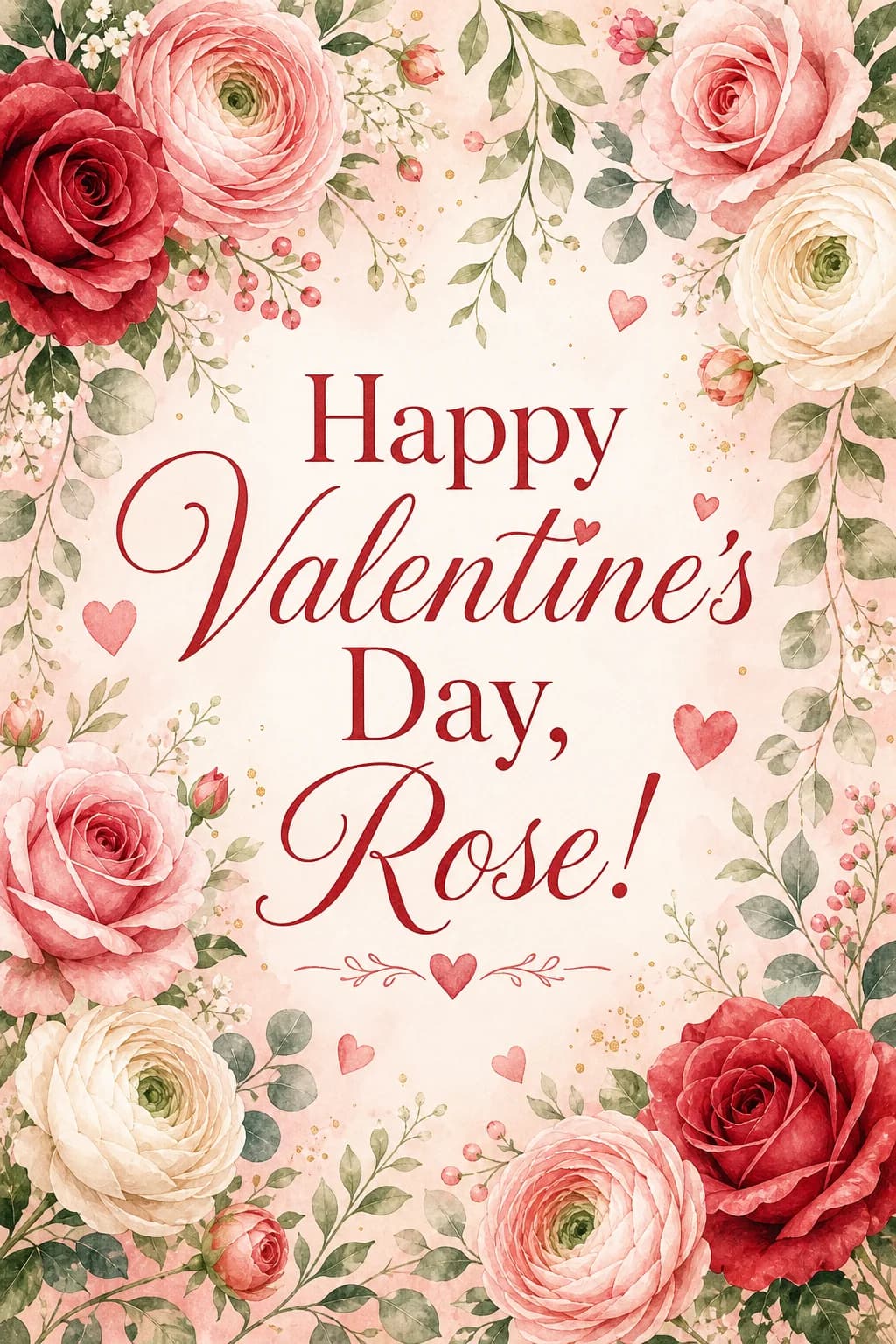 Floral Happy Valentine's Day card with watercolor roses