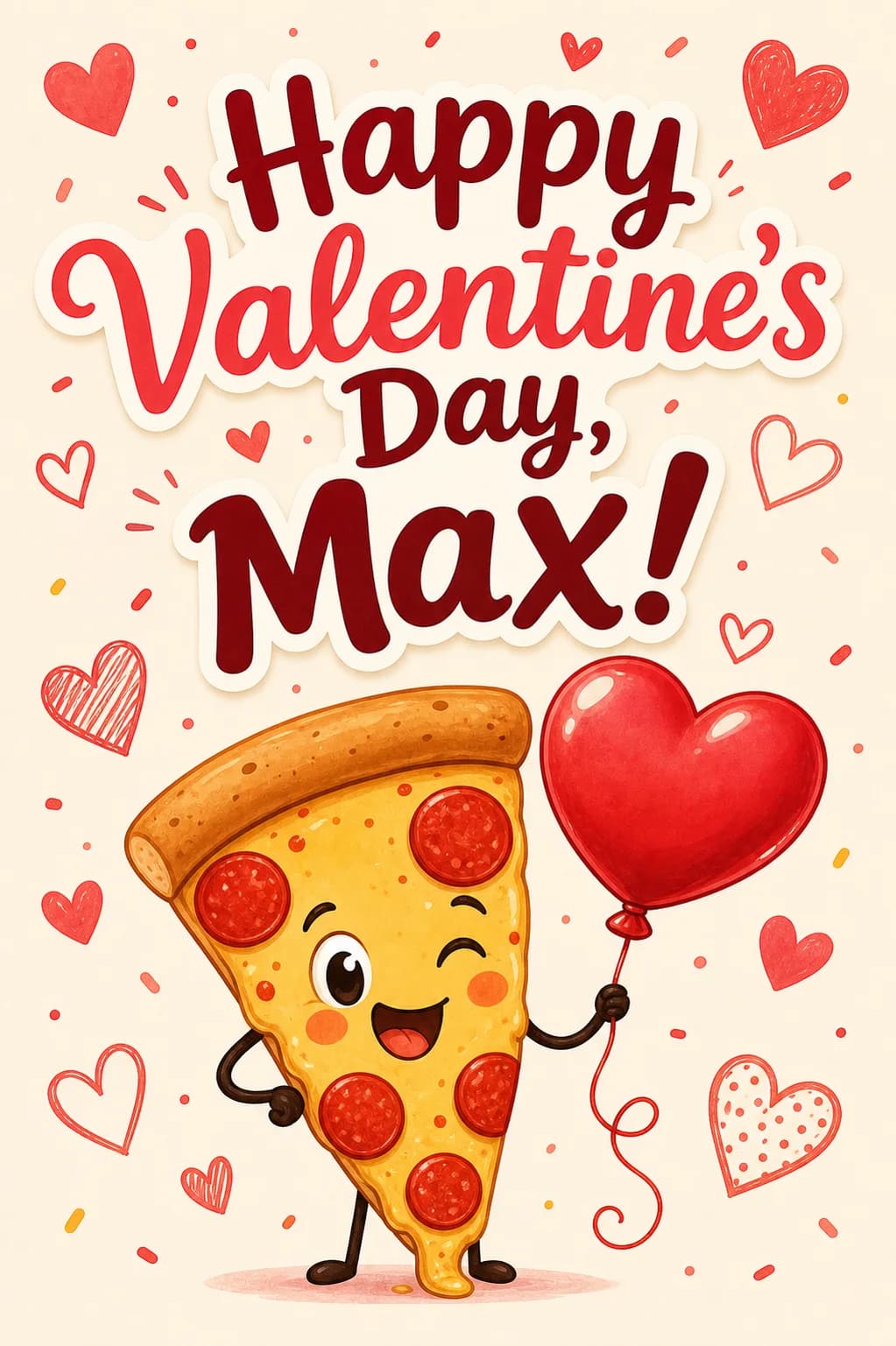 Funny Happy Valentine's Day card with a pizza illustration