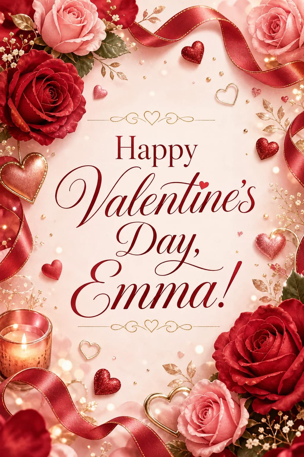Romantic Happy Valentine's Day card with roses and ribbons