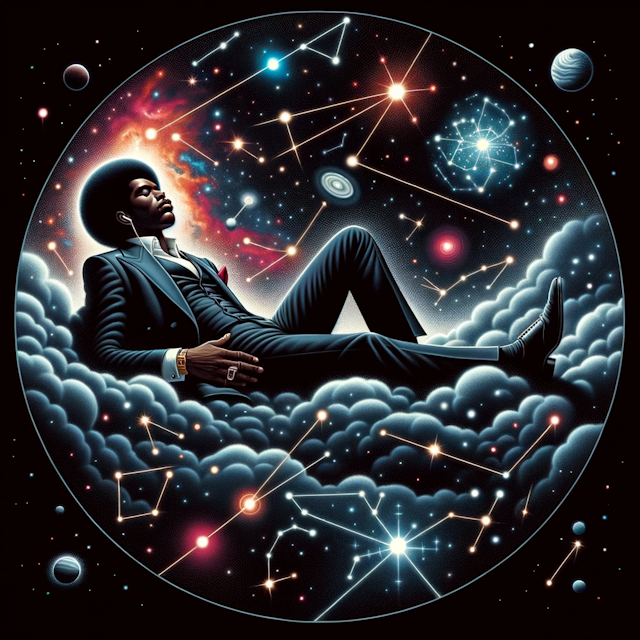 Album artwork for an R&B album, illustrating a cosmic scene where an unidentified R&B artist lounges on a velvet nebula. The artist is surrounded by various constellations that pulsate with the soulful rhythm of music, encapsulating the celestial charm typically associated with R&B. The individual lounging on the nebula is a Black man with an Afro hairstyle, wearing a stylish suit, his eyes closed as he absorbs the cosmic symphony of rhythm and blues around him.
