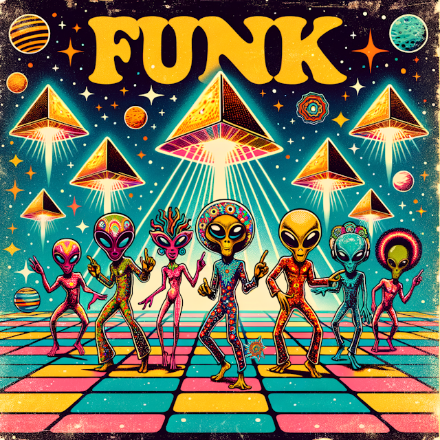 Vintage-inspired funk album cover featuring a cosmic dance floor scene. There are quirkily designed extraterrestrials showcasing unique dance moves and radiating an overwhelmingly fun and funky energy. They are encompassed by intergalactic pyramids that seem to intensify and spread the lively vibes throughout the cosmos. The artistic style should include vibrant colors and psychedelic patterns, to fully capture the heart and soul of the funky, groovy universe.