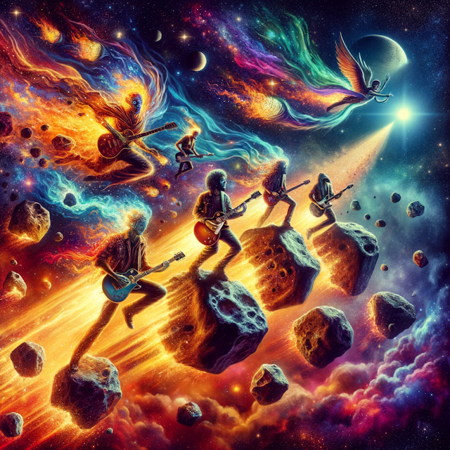 A rock music album showcasing a cosmic journey. Picture a group of musicians, embodying diverse ethnicities and both genders, as they traverse on meteorites through asteroid fields. Visualize their guitars glowing with cosmic fire, depicting the larger-than-life spirit and venturesome nature of rock music. Amplify the vivid colors of space intermingled with the fiery blaze of the guitars to capture an out-of-this-world vibe. Also, add a touch of surrealism in portraying the musicians as deity-like figures, maintaining their human form yet symbolizing powerful rock icons.