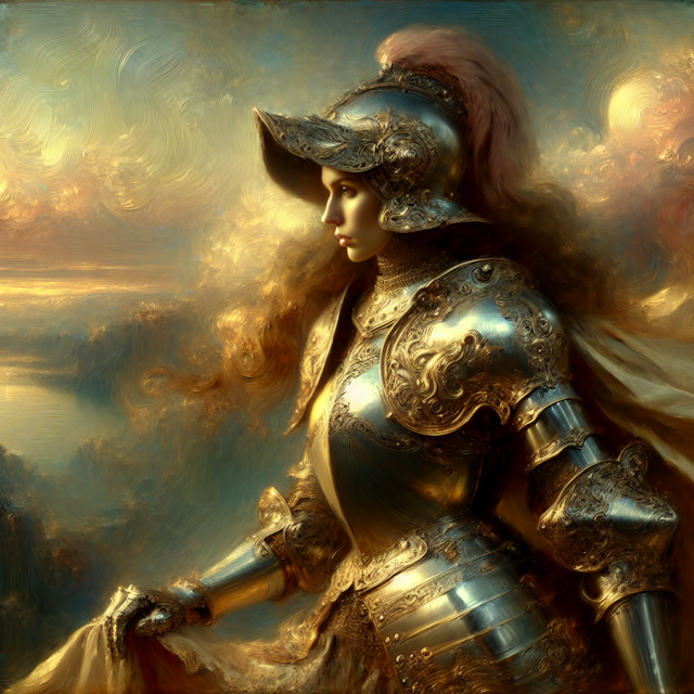 A valiant female knight with Caucasian descent, stands on the edge of a significant moment, clad in shining armor that reflects the surrounding landscape. Capture this scene in an intricate, atmospheric, and luminous style associated with late Renaissance and early Baroque period, using techniques reminiscent of oil painting.