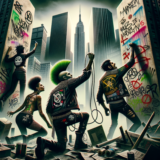 punk album cover artwork that displays an anarchic cityscape in a state of chaos. In this intense scene, the punk band members identifiable by their unique styles - a Black female with a green mohawk, a Hispanic male with a leather jacket, a Middle-Eastern male with brightly colored band patches, a South Asian female wearing a ripped band t-shirt - are depicted as graffiti artists. They are involved in tagging tall walls with symbols and words of rebellion. The visuals should encapsulate the raw energy, passion, and rebellious ethos that the punk rock genre embodies.