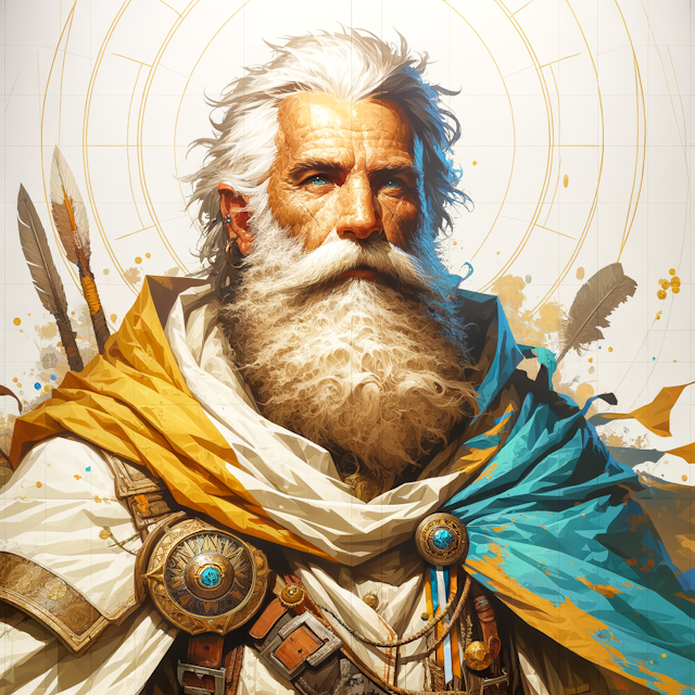 A roguelike Dungeons and Dragons theme-based image featuring an enchanting portrait of a bearded elderly monk cleric. He possesses handsome features that suggest a life of adventure and exploration. The background is a simple, stark white to accentuate the figure. His attire and ornamentation lean towards an adventurecore aesthetic, with rugged designs that suggest numerous quests undertaken. The color scheme revolves around shades of white, amber, yellow, and azure, enhancing his charm and subtly suggesting divine influence. The artwork is created on a gigantic scale, inspired by the aesthetic principles of the Die Brücke artistic movement which plays with bold forms and expressive colors.