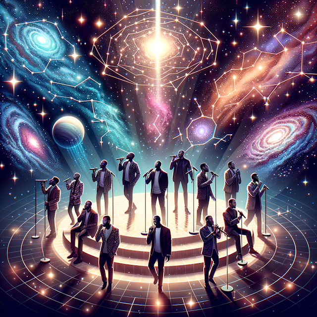 R&B album cover featuring an ensemble of singers with various descents and genders. They are performing on a cosmic stage shaped from constellations in the middle of a celestial concert. Their voices rise soulfully, blending with the astral harmony emanating from the cosmos. Glowing stars and shimmering galaxies form a breathtaking backdrop for this celestial performance.