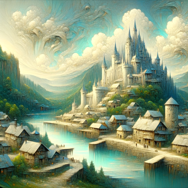 A fantasy town nestled at the foot of a hill with a castle majestically perched atop. Paint this scene as if it had been created using the principles of en plein air painting, filled with soft, light-filled scenes reminiscent of dreamy depictions. Pictorial characteristics lean towards pigeoncore aesthetics, with extensive detailing in the architectural design. The dominant color scheme is characterized by hues of light cyan intertwined with shades of green. The textures appear as though rendered using a technique similar to modern ray tracing, giving depth and realism to the scene.