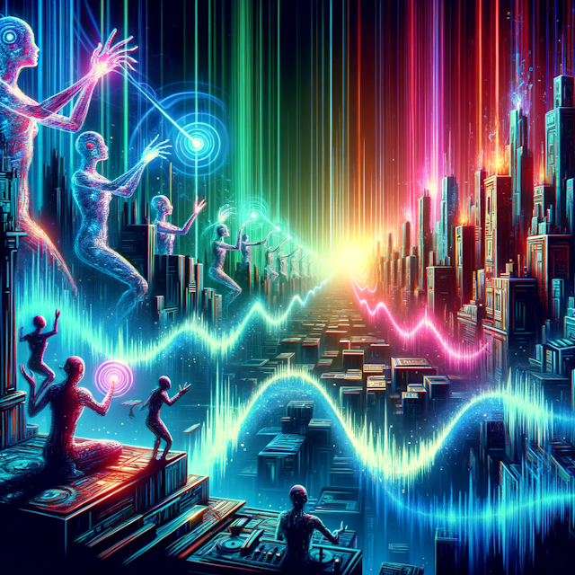 EDM album artwork portraying a futuristic, cybernetic city. The metropolis is vibrant with neon colors and humanoid figures, perceived as deities, are artistically manipulating soundwave-like energy beams. The cityscape is transforming, pulsating in waves of electronic energy, turning the mundane into a sea of vibrant neon hues that fluctuate with every beat, setting a truly electrifying atmosphere.