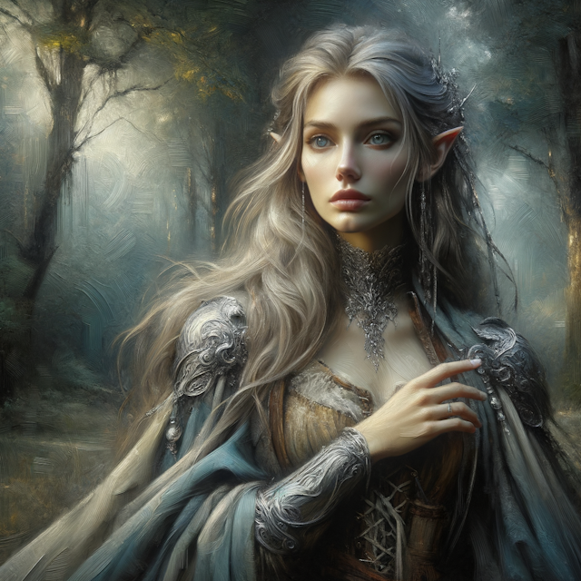 A woman of Elvish descent gazes straight at the viewer. Her attire is a blend of flowing clothes and silver armor. She is standing amidst a silent forest filled with an aura of mystery. Create this image, reflecting a fantasy setting. Aim for a style reminiscent of the late 19th-century Romanticism, with emphasis on opulent colors, expressive brushwork, and detailed textures, similar to oil painting. Strive to capture the evocative nature and masterful strokes that are prevalent in legendary works of fantasy art.