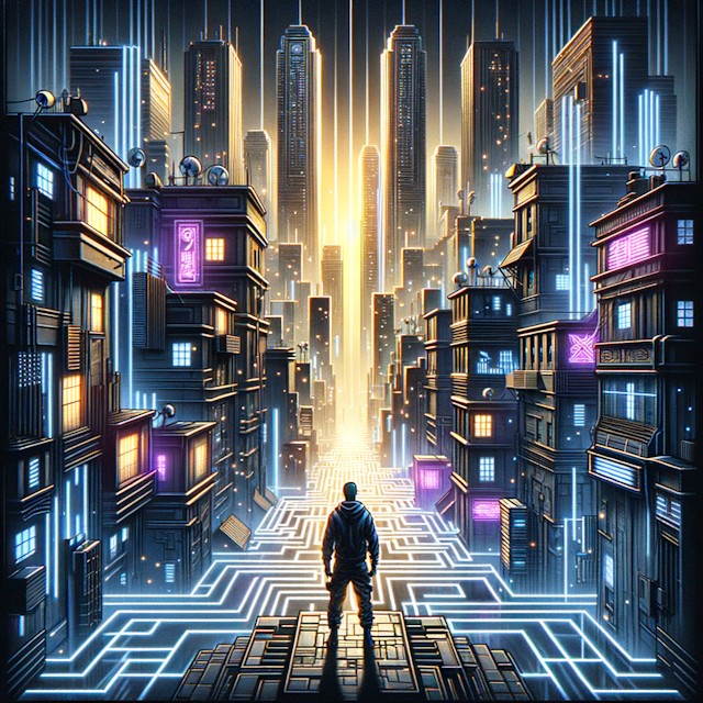 Album cover artwork for a trap music style, displaying an urban skyline filled with labyrinth-like alleyways. Neon lights in sync with pulsating trap beats dominate the scene. A figure, representing a musician of Black descent, men, stands at the heart of the composition. All around him, towering skyscrapers appear to quiver in response to the bass-heavy rhythms of the music genre.
