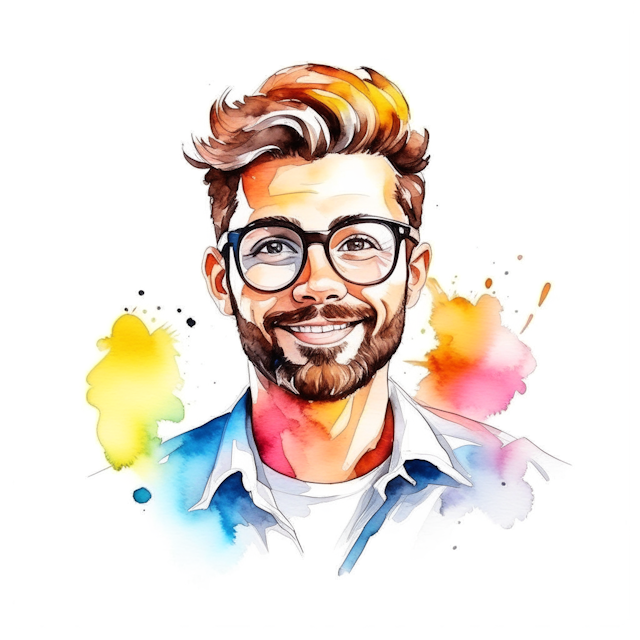 a cool guy who is liked by everyone, white background, mentalist style, hard working but having fun, and glasses, , Watercolor