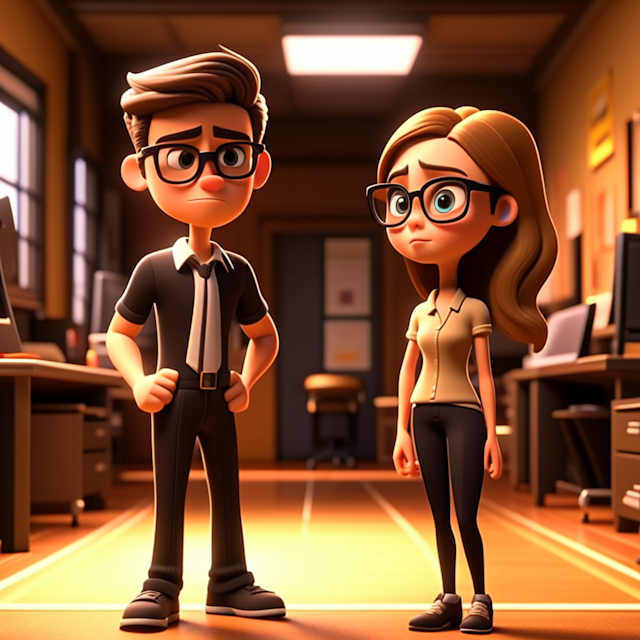 Disney Pixar art style handsome boy kid character standing and talking with a girl in the middle of the classroom wearing black shirt, brown above the knee pants, and eyeglasses not happy but not sad
